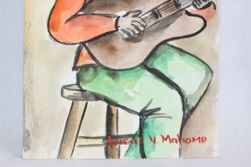 An incredible original signed unframed "Lucas V. Mahome" watercolour painting of a guitar player