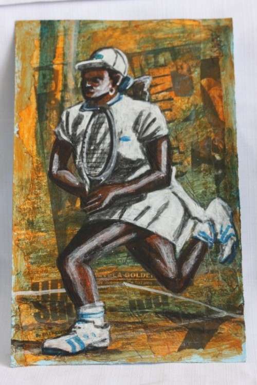 An awesome original signed unframed "Dumisani Sibisi" mixed media painting titled "Game, Set, Match"