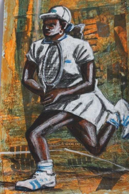 An awesome original signed unframed "Dumisani Sibisi" mixed media painting titled "Game, Set, Match"