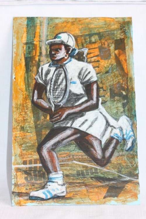 An awesome original signed unframed "Dumisani Sibisi" mixed media painting titled "Game, Set, Match"
