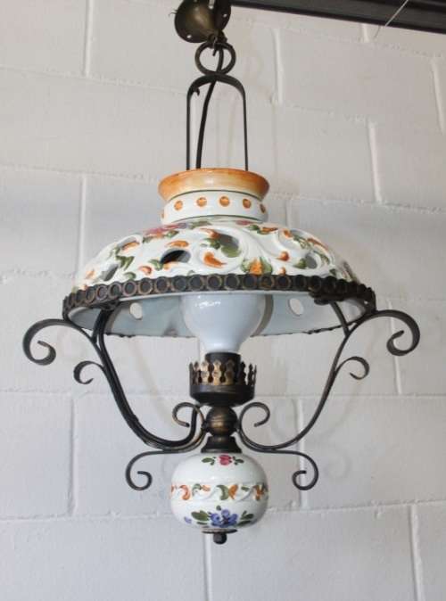 A stunning "Capodimonte" style porcelain & wrought iron chandelier w/ XL globe in amazing condition