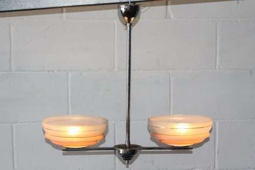 An exquisite Art Deco chrome plated ceiling lamp with stunning pink glass shades in great condition
