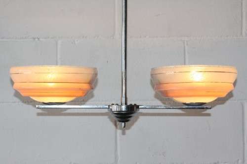 An exquisite Art Deco chrome plated ceiling lamp with stunning pink glass shades in great condition