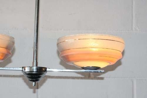 An exquisite Art Deco chrome plated ceiling lamp with stunning pink glass shades in great condition