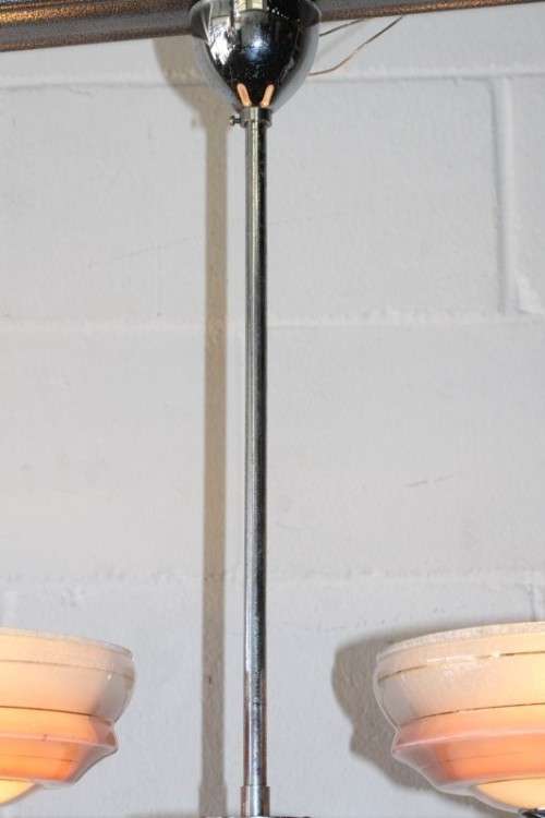 An exquisite Art Deco chrome plated ceiling lamp with stunning pink glass shades in great condition