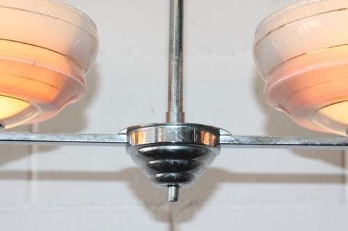 An exquisite Art Deco chrome plated ceiling lamp with stunning pink glass shades in great condition