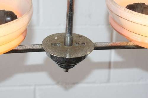 An exquisite Art Deco chrome plated ceiling lamp with stunning pink glass shades in great condition