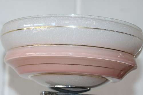 An exquisite Art Deco chrome plated ceiling lamp with stunning pink glass shades in great condition