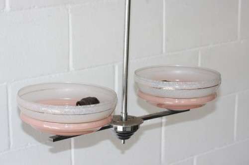 An exquisite Art Deco chrome plated ceiling lamp with stunning pink glass shades in great condition