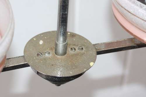 An exquisite Art Deco chrome plated ceiling lamp with stunning pink glass shades in great condition