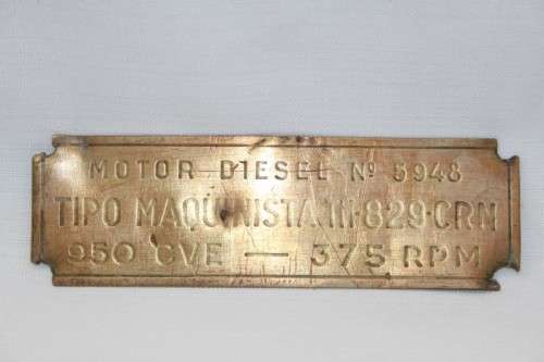 An incredible antique "Spanish" Motor Diesel No. 5948 driver type identification brass plaque