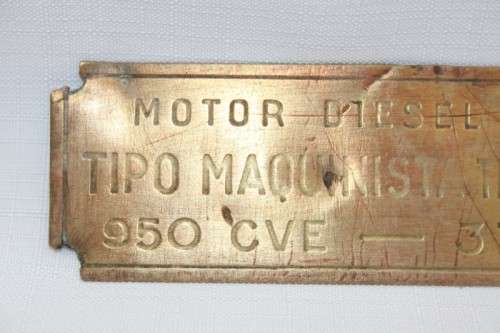 An incredible antique "Spanish" Motor Diesel No. 5948 driver type identification brass plaque