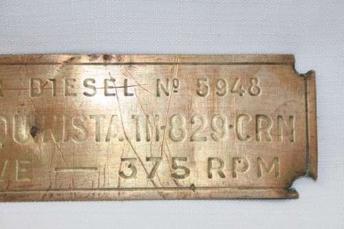 An incredible antique "Spanish" Motor Diesel No. 5948 driver type identification brass plaque