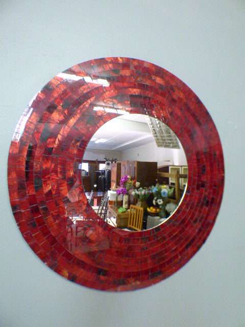 A beautiful LARGE round wall mirror with red glass mosaic border - Stunning!!! RS17M