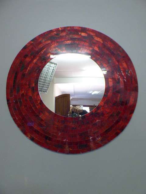 A beautiful LARGE round wall mirror with red glass mosaic border - Stunning!!! RS17M