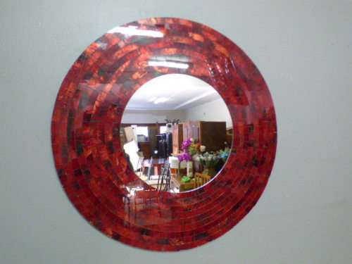 A beautiful LARGE round wall mirror with red glass mosaic border - Stunning!!! RS17M