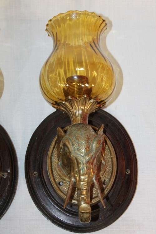 Two absolutely magnificent vintage solid brass "Elephant" lights w/ lovely glass shades - bid/light