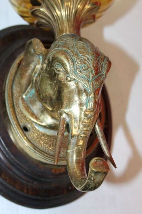 Two absolutely magnificent vintage solid brass "Elephant" lights w/ lovely glass shades - bid/light