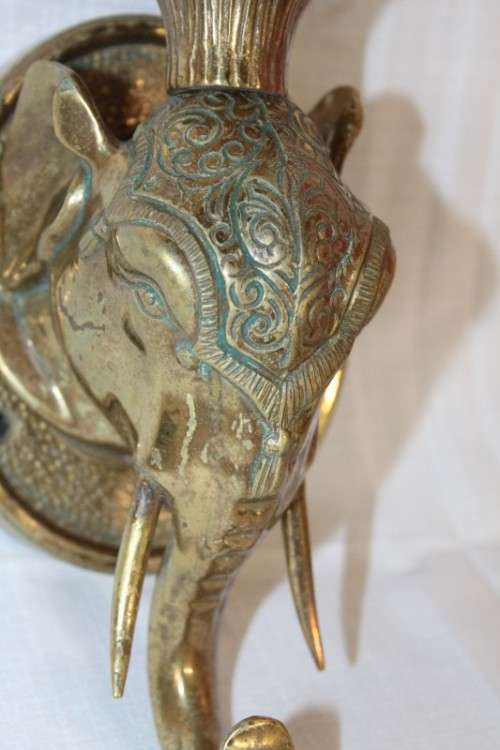 Two absolutely magnificent vintage solid brass "Elephant" lights w/ lovely glass shades - bid/light