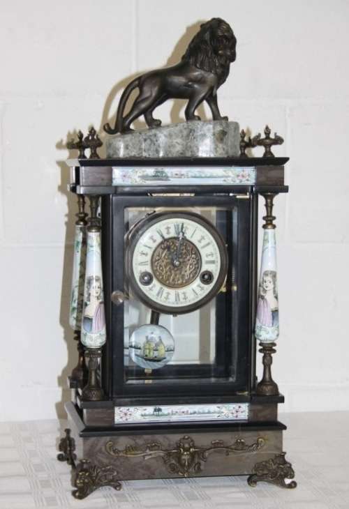 An exquisite tall "Bronze Lion" marble & glass panelled mantle clock w enamelled detailing - RS17CL