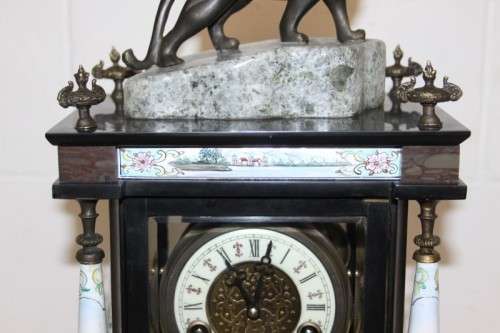 An exquisite tall "Bronze Lion" marble & glass panelled mantle clock w enamelled detailing - RS17CL