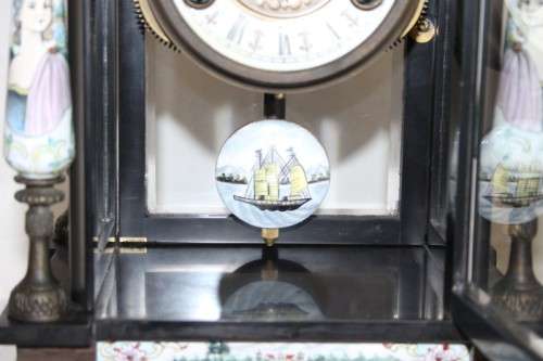 An exquisite tall "Bronze Lion" marble & glass panelled mantle clock w enamelled detailing - RS17CL