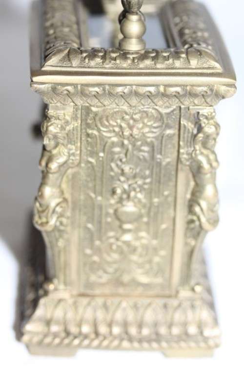 **RS17** A gorgeous ornate brass bevelled glass carriage clock w/ repousse detail & roman numerals