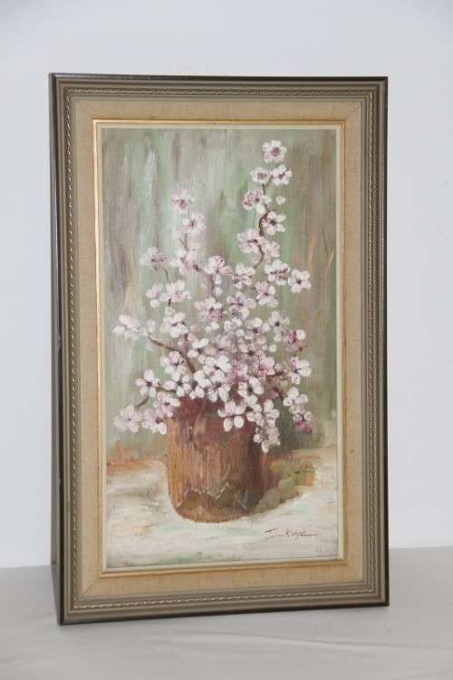 Beautiful original framed oil painting w/ pink & white cherry blossoms by Johan Kotze - RS17Sale