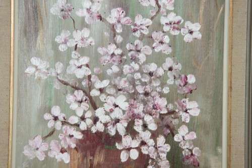 Beautiful original framed oil painting w/ pink & white cherry blossoms by Johan Kotze - RS17Sale