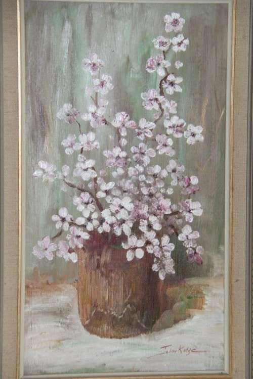 Beautiful original framed oil painting w/ pink & white cherry blossoms by Johan Kotze - RS17Sale