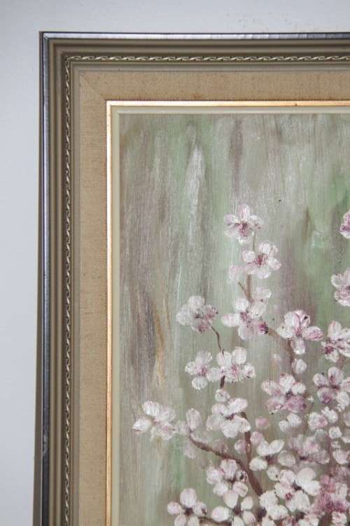 Beautiful original framed oil painting w/ pink & white cherry blossoms by Johan Kotze - RS17Sale