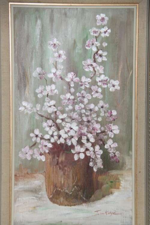 Beautiful original framed oil painting w/ pink & white cherry blossoms by Johan Kotze - RS17Sale