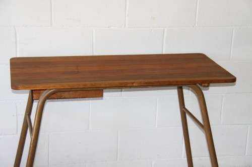A superb vintage single drawer work bench/ table with a solid wooden top and sturdy metal legs