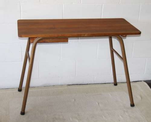 A superb vintage single drawer work bench/ table with a solid wooden top and sturdy metal legs