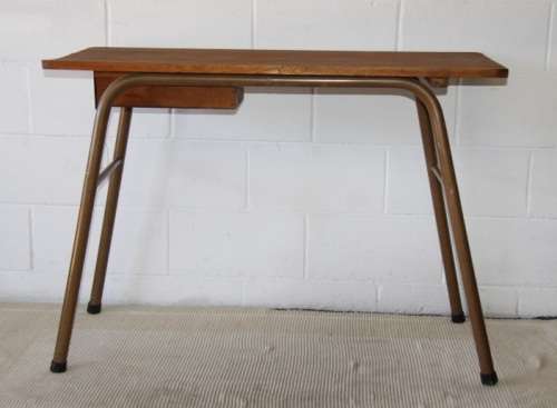 A superb vintage single drawer work bench/ table with a solid wooden top and sturdy metal legs