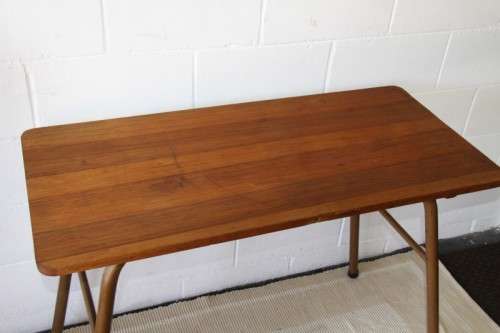 A superb vintage single drawer work bench/ table with a solid wooden top and sturdy metal legs