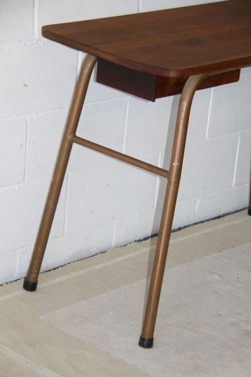 A superb vintage single drawer work bench/ table with a solid wooden top and sturdy metal legs