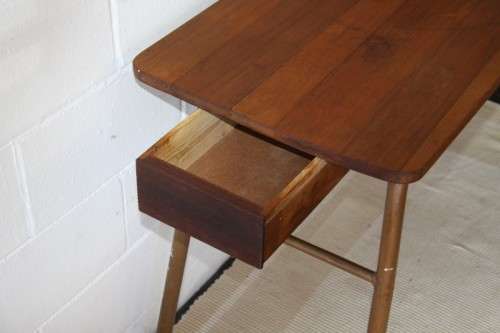 A superb vintage single drawer work bench/ table with a solid wooden top and sturdy metal legs