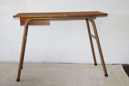 A superb vintage single drawer work bench/ table with a solid wooden top and sturdy metal legs