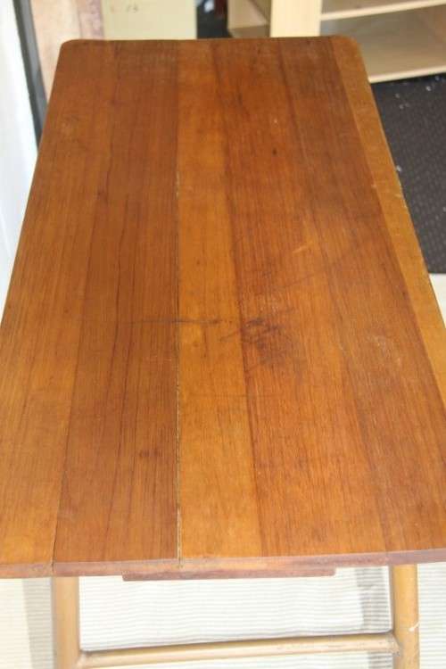 A superb vintage single drawer work bench/ table with a solid wooden top and sturdy metal legs