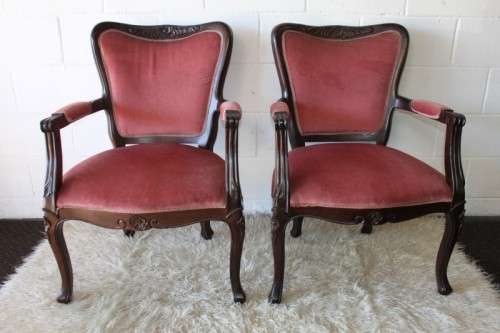Two gorgeous vintage imbuia Queen Anne hand carved upholstered arm chairs