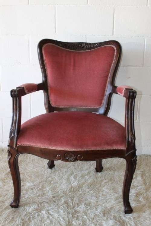 Two gorgeous vintage imbuia Queen Anne hand carved upholstered arm chairs