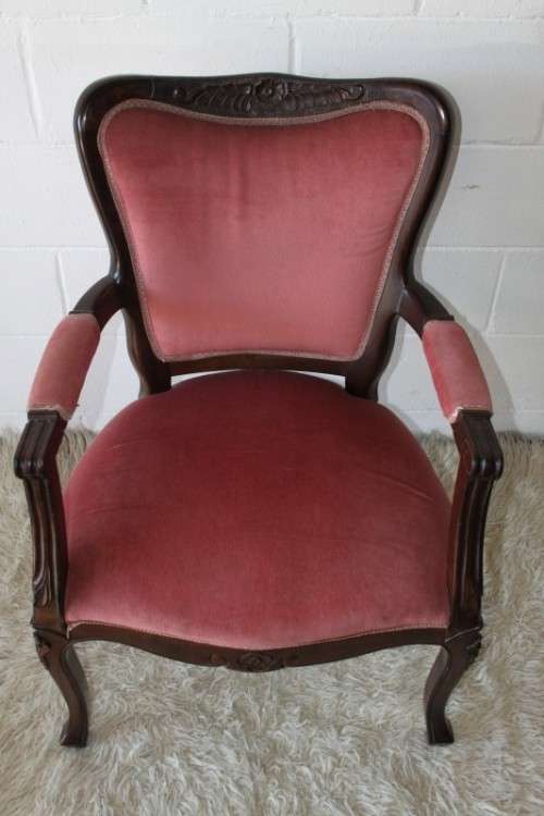 Two gorgeous vintage imbuia Queen Anne hand carved upholstered arm chairs