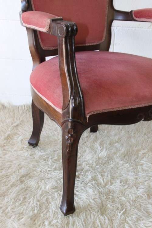 Two gorgeous vintage imbuia Queen Anne hand carved upholstered arm chairs