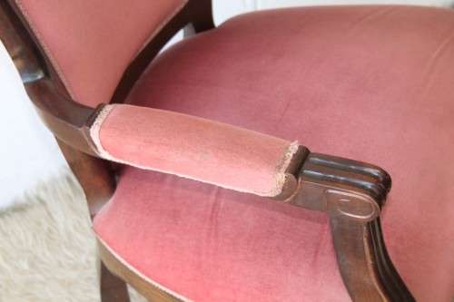 Two gorgeous vintage imbuia Queen Anne hand carved upholstered arm chairs