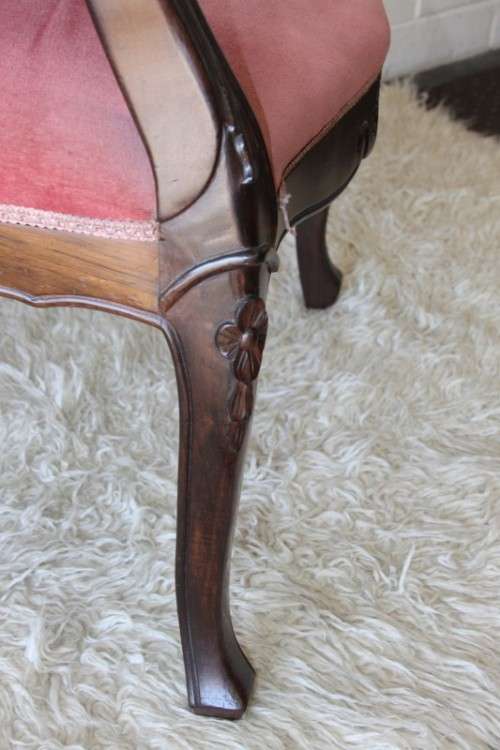 Two gorgeous vintage imbuia Queen Anne hand carved upholstered arm chairs