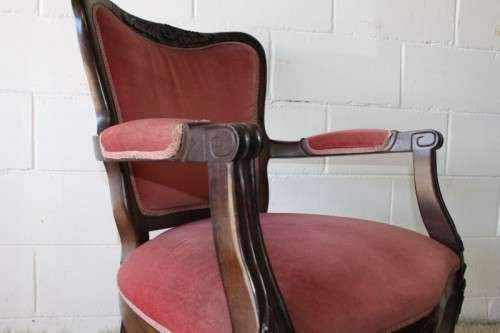 Two gorgeous vintage imbuia Queen Anne hand carved upholstered arm chairs