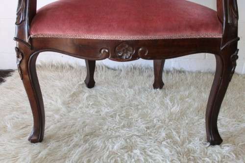 Two gorgeous vintage imbuia Queen Anne hand carved upholstered arm chairs