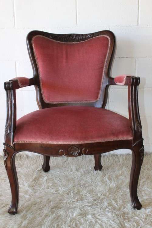 Two gorgeous vintage imbuia Queen Anne hand carved upholstered arm chairs