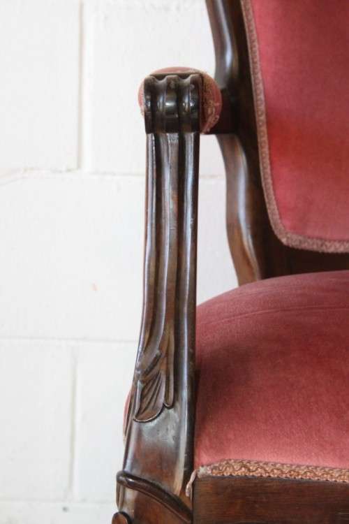 Two gorgeous vintage imbuia Queen Anne hand carved upholstered arm chairs